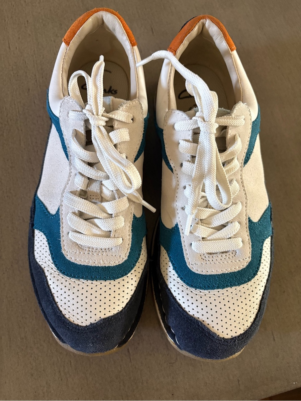 Brand New Clarks Kids White Teal Navy Sneakers with Orange Heel
